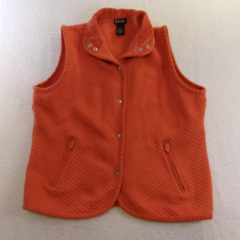 Rafaella Women L Vest Orange Quilted Snap Front Corduroy Collar Zip Pockets